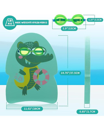 Deska i okularki do pływania treningowe na basen dla dzieci Crocodile Green