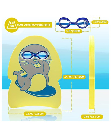Deska i okularki do pływania treningowe na basen dla dzieci Seal Yellow