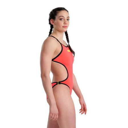 Strój kąpielowy damski Arena Women's Rule Breaker Hooked Rev Swimsuit Black Fluo Red